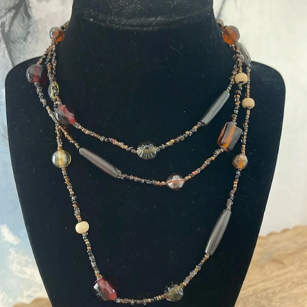 Beaded long necklace glass brown green tan  boho casual